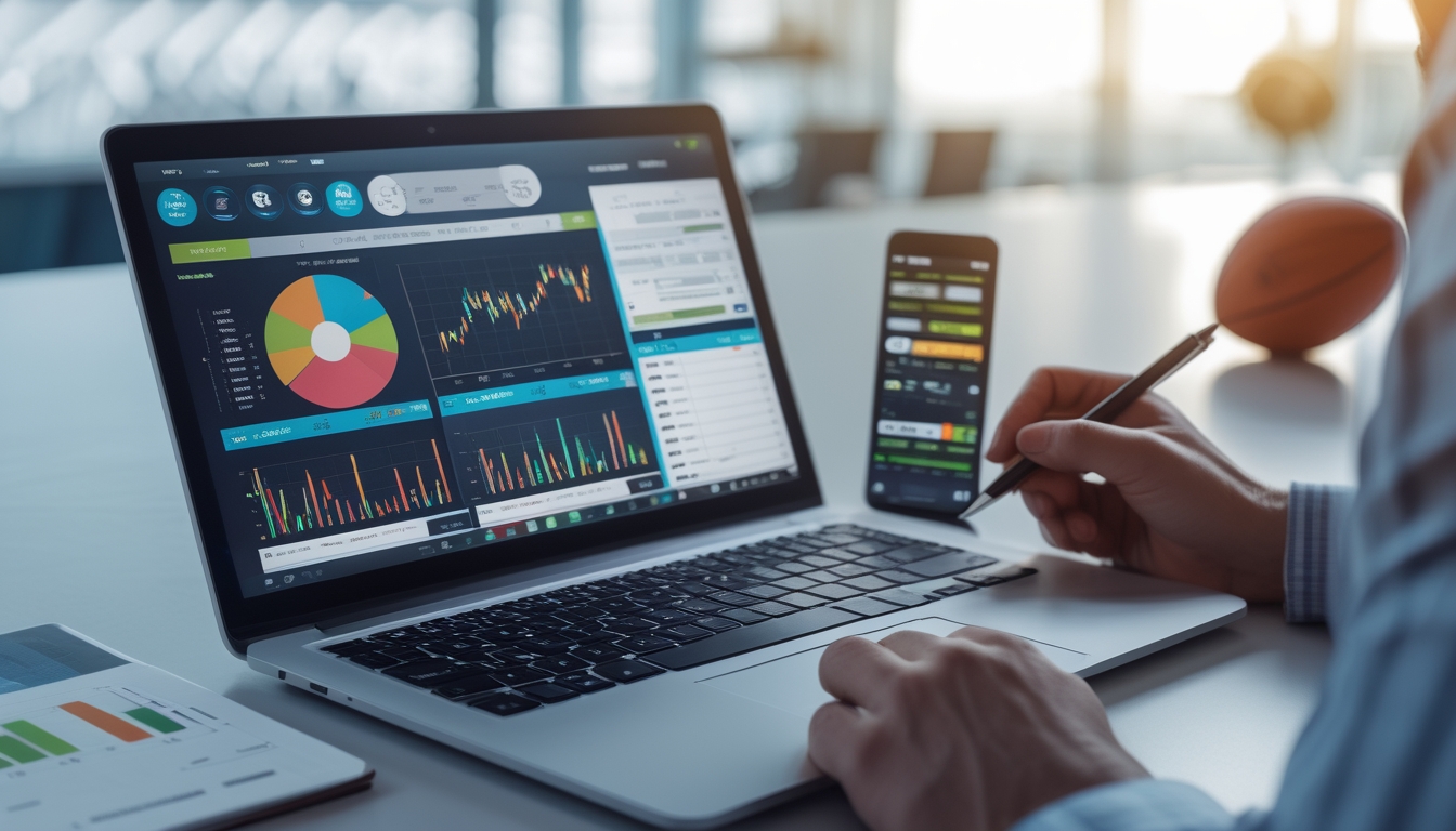 Seseorang sedang menganalisis data statistik olahraga di depan laptop dengan grafik dan skor taruhan di layar ponsel di atas meja kerja.