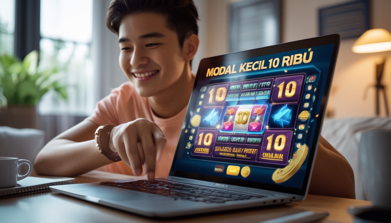 Seorang dewasa muda bermain permainan slot online di laptop di ruang rumah yang nyaman dengan pencahayaan hangat.