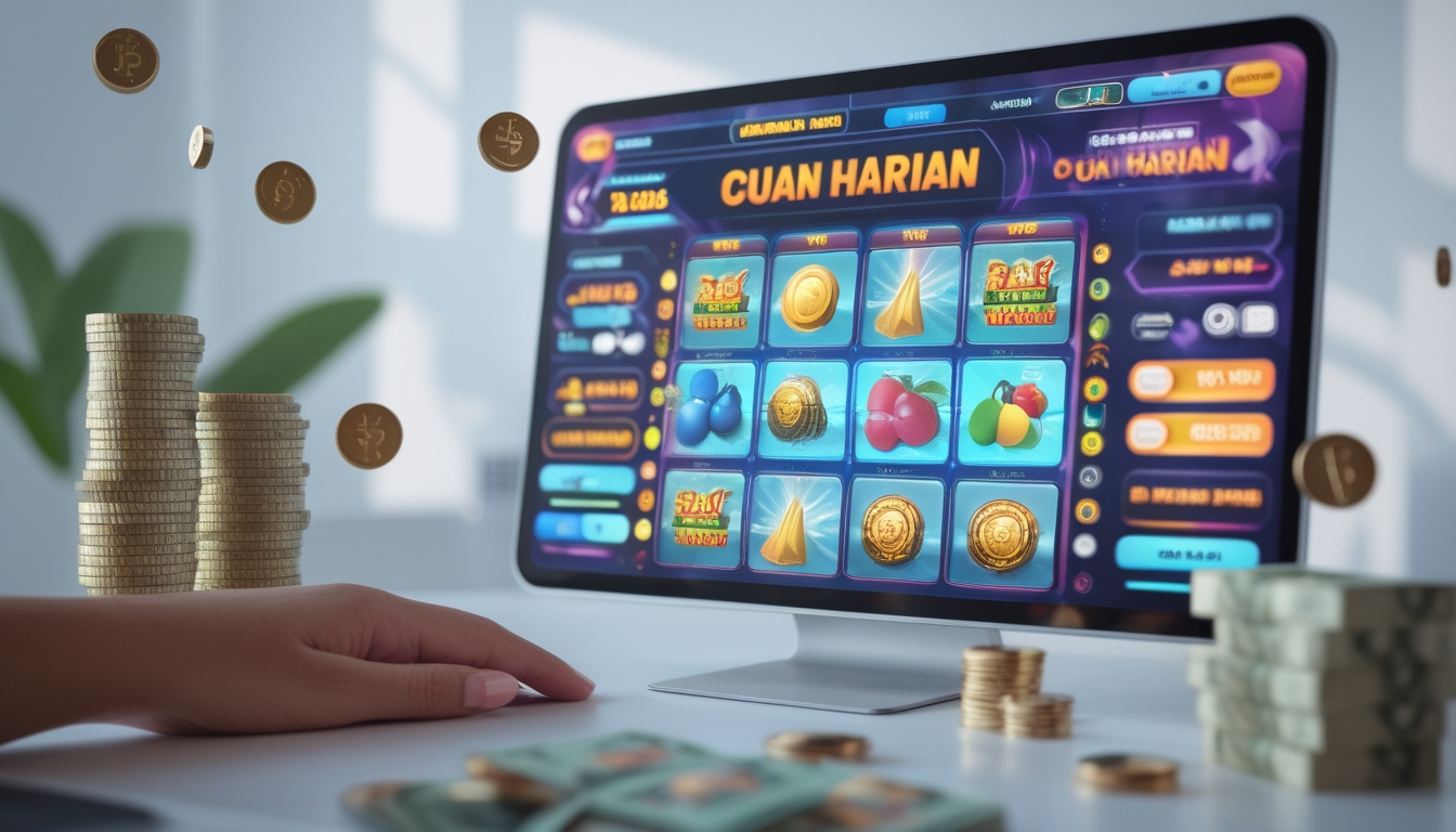 Seorang pemain sedang menggunakan perangkat digital dengan tampilan permainan slot online berwarna-warni dan simbol kemenangan, dikelilingi oleh uang kertas dan ikon mata uang digital.