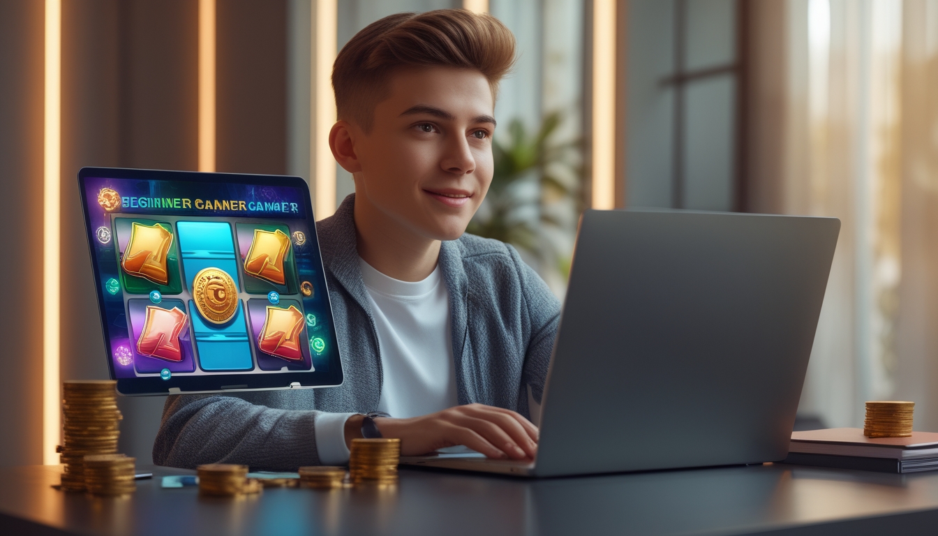 Seorang pemula bermain slot online di laptop dengan suasana ruangan yang nyaman dan pencahayaan hangat.