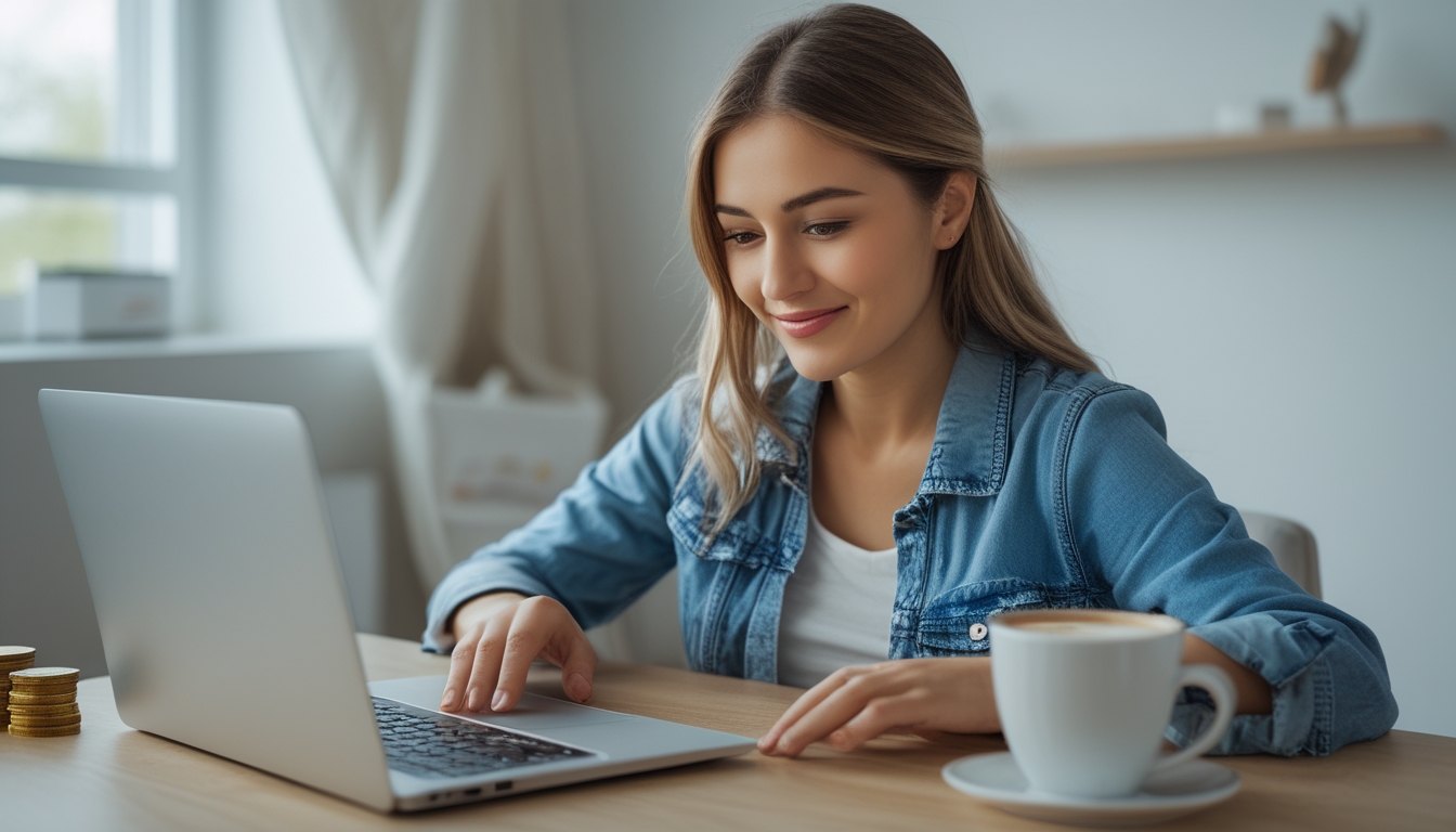 Seorang wanita muda duduk di meja sambil bermain permainan slot online di laptop dengan ekspresi fokus dan santai.
