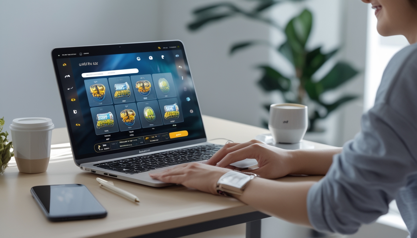 Seseorang sedang menggunakan laptop dengan tampilan permainan slot online di meja kerja yang rapi dan terang.