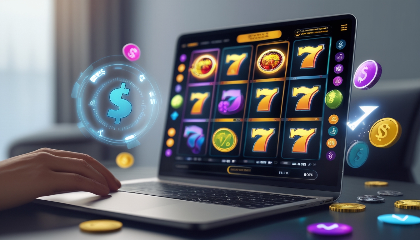 Tampilan perangkat digital yang menunjukkan permainan mesin slot dengan simbol warna-warni dan elemen yang menggambarkan transaksi cepat dan deposit kecil.
