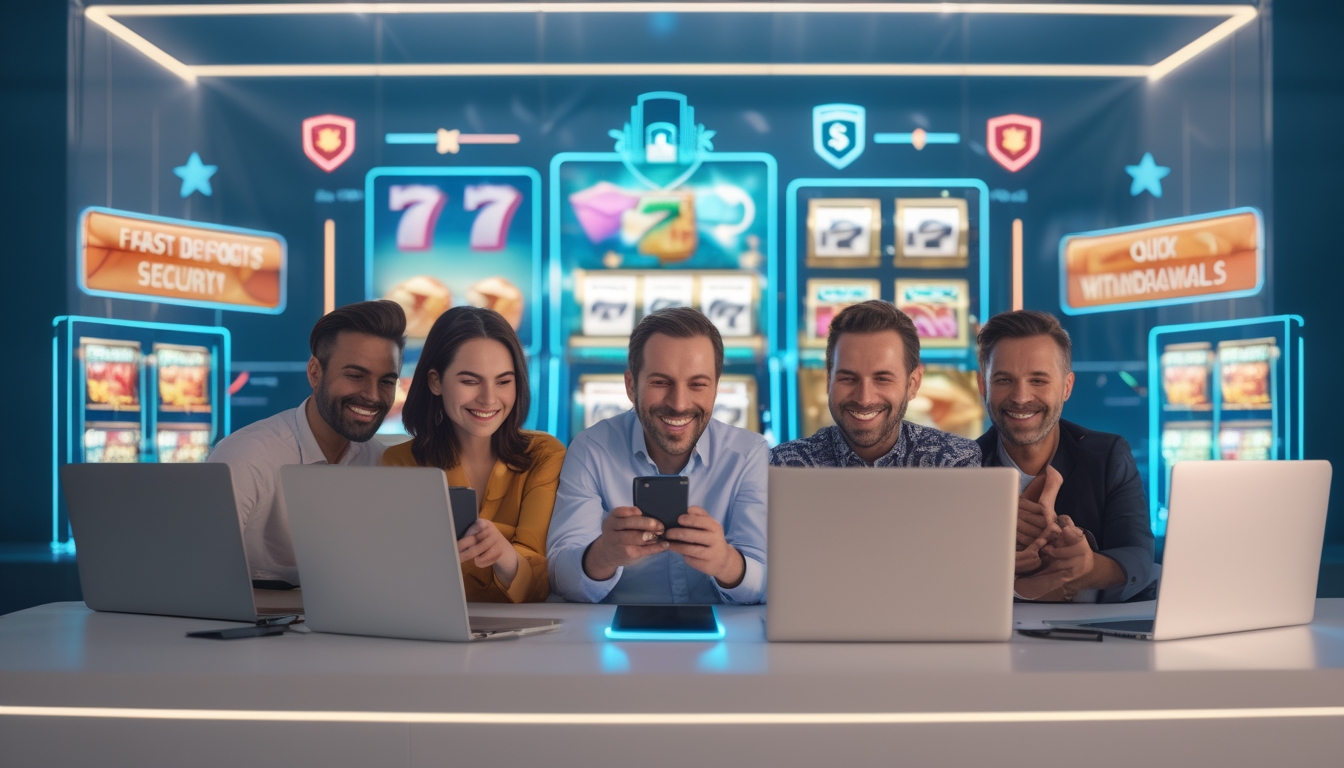 Sekelompok orang sedang bermain mesin slot online di laptop dan ponsel dalam ruangan modern yang terang dan bersih.