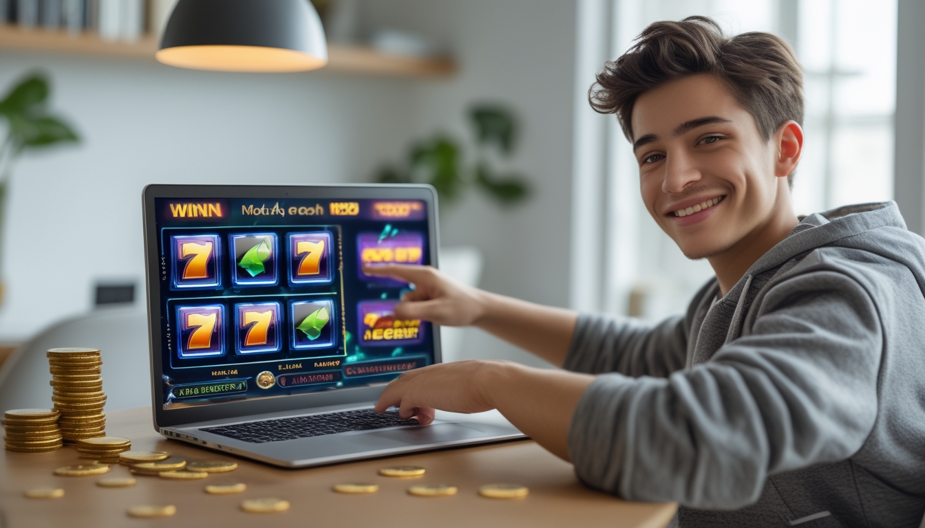 Seorang dewasa muda duduk di meja dengan laptop yang menampilkan permainan slot, dengan koin kecil di sekitar meja.