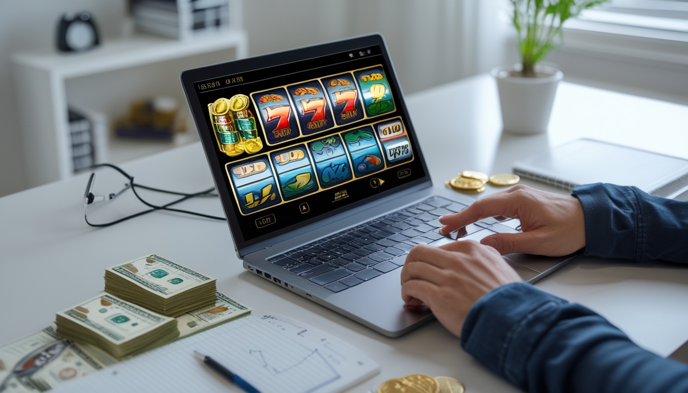 Seseorang sedang menggunakan laptop menampilkan permainan slot online dengan tumpukan uang kecil dan catatan di meja.