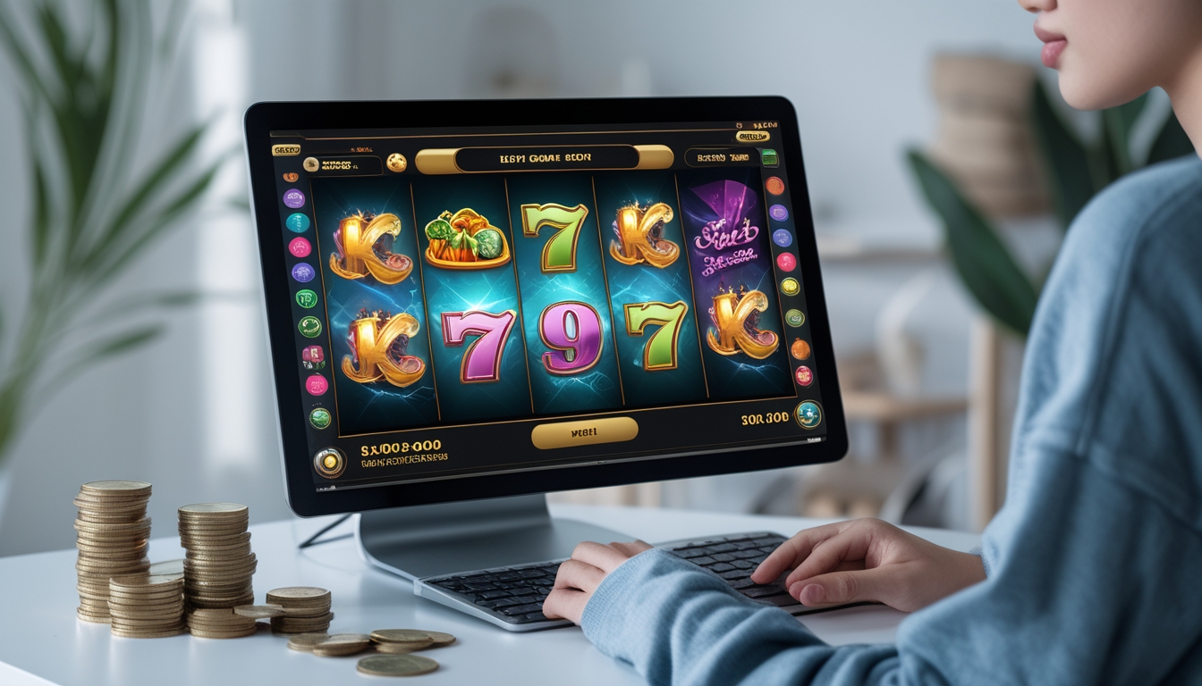 Seseorang menggunakan perangkat dengan tampilan permainan slot online berwarna-warni di layar dalam suasana rumah yang nyaman.