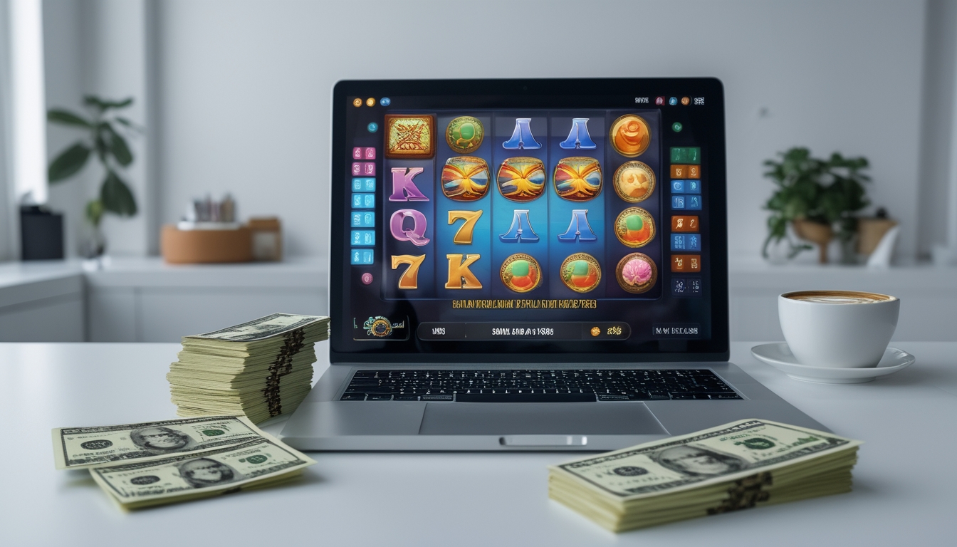 Seseorang bermain game slot online di laptop dengan tumpukan uang rupiah kecil di meja.