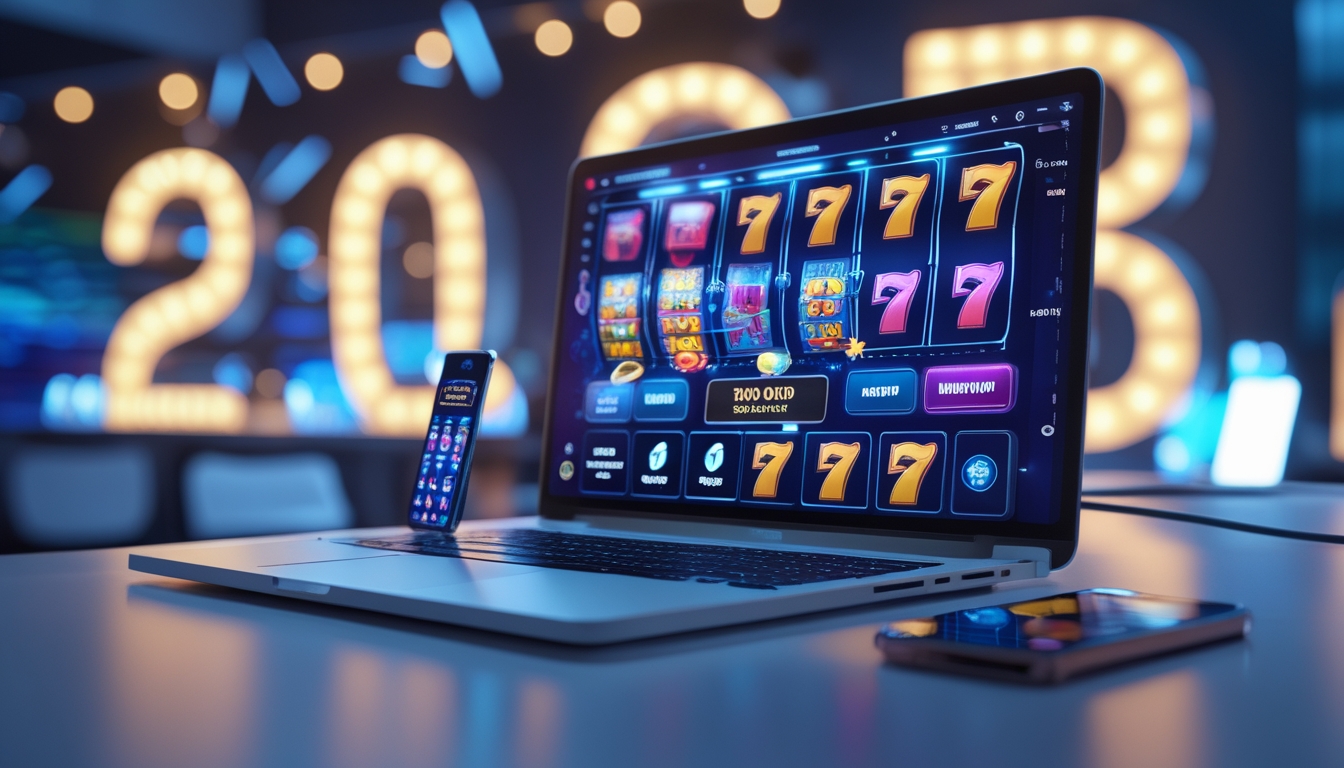 Seorang pengguna menggunakan laptop dan ponsel yang menampilkan permainan slot online dengan latar belakang teknologi modern.