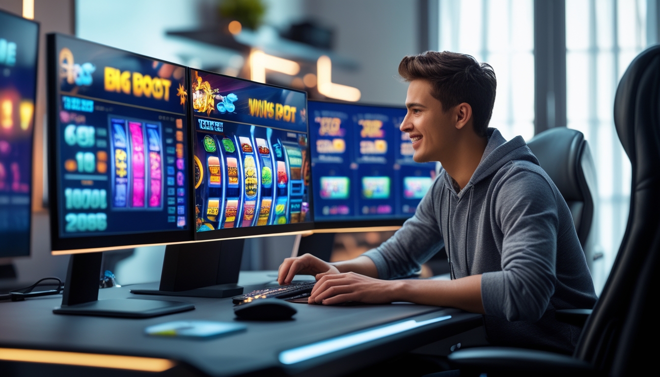 Seorang dewasa muda duduk di depan komputer dengan layar menampilkan permainan mesin slot online, di ruang kerja modern dengan pencahayaan lembut.