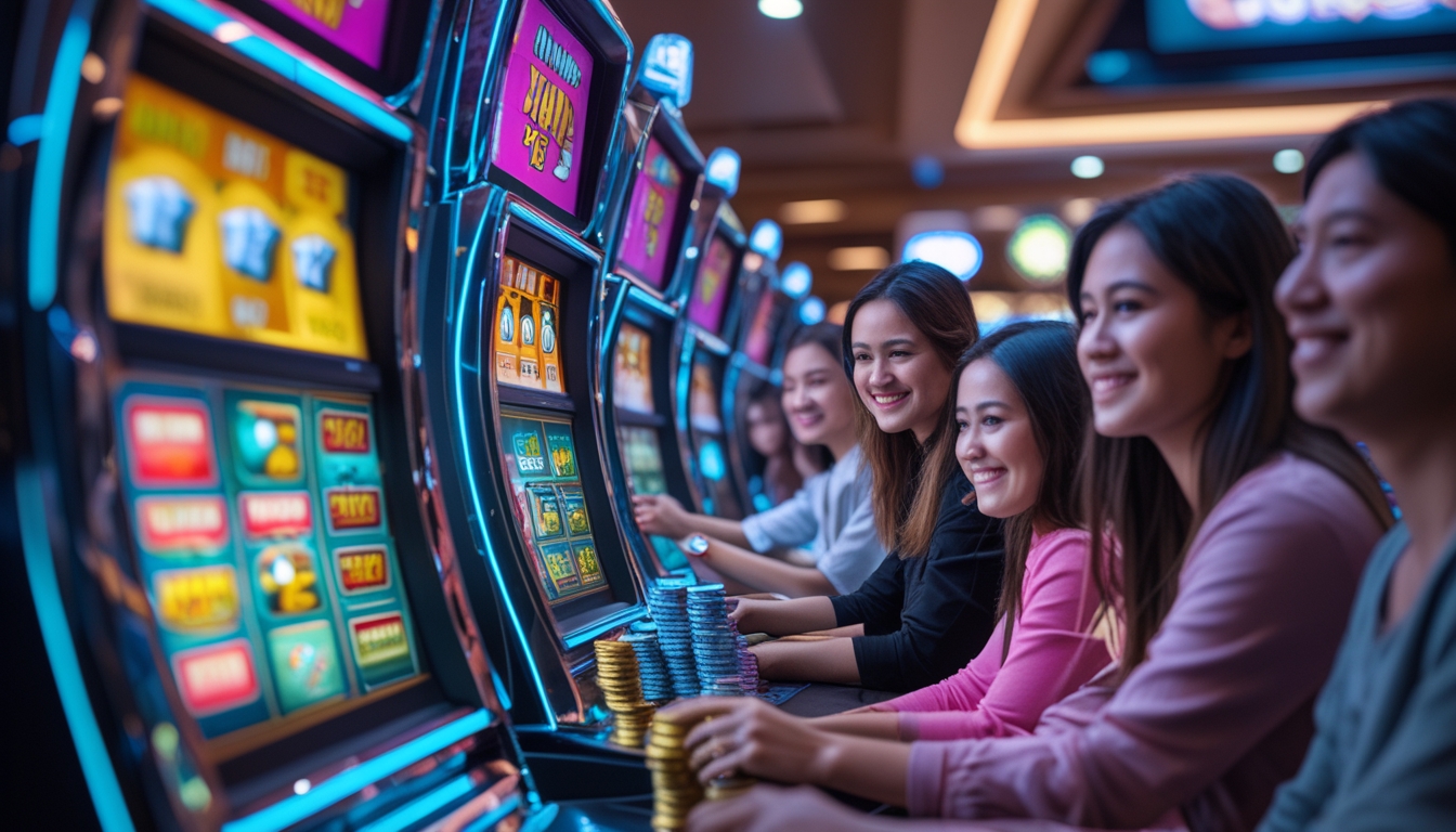 Orang-orang bermain mesin slot di kasino dengan suasana cerah dan penuh harapan.