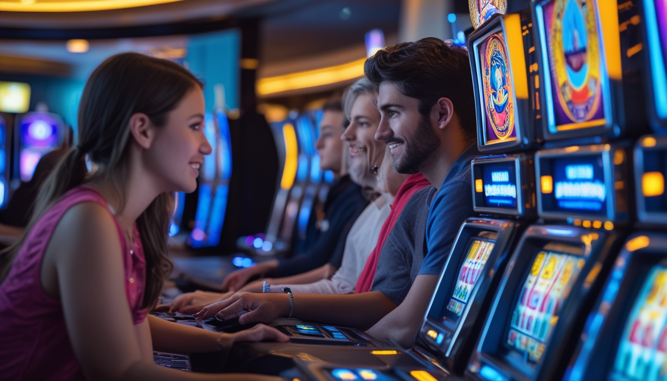 Orang-orang bermain mesin slot di kasino dengan ekspresi fokus dan antusias, di dalam ruangan kasino yang terang dan modern.