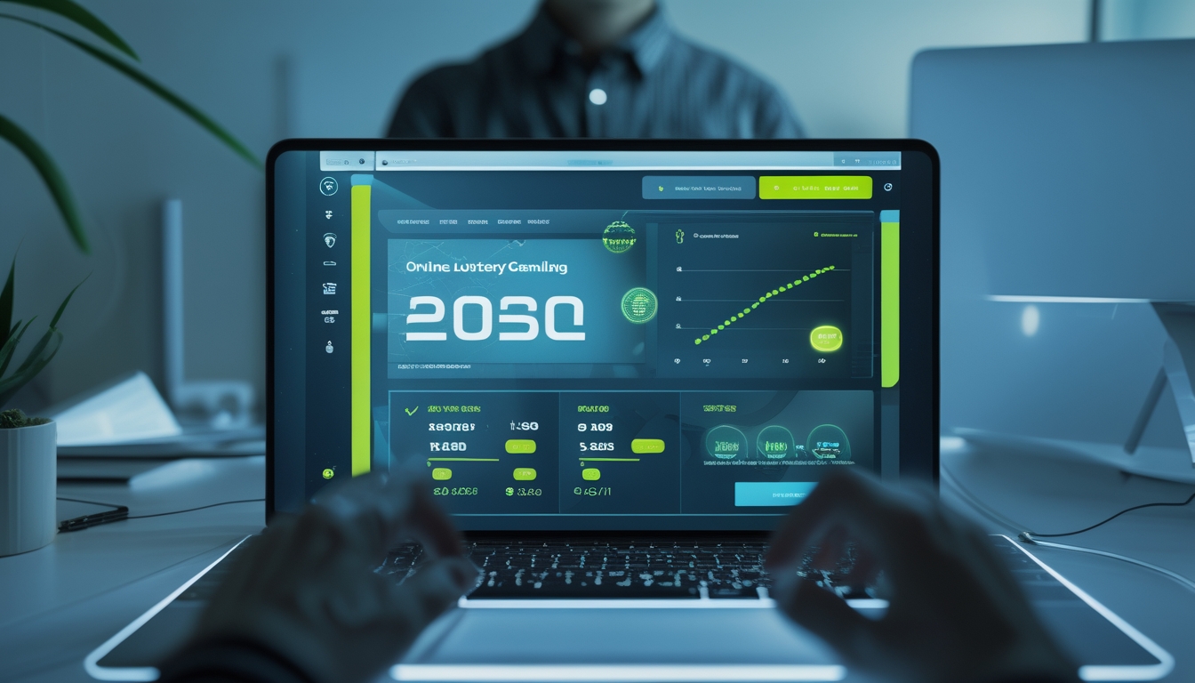 Seseorang menggunakan perangkat digital di meja kerja dengan tampilan grafik dan simbol keamanan yang menggambarkan situs togel online terpercaya.