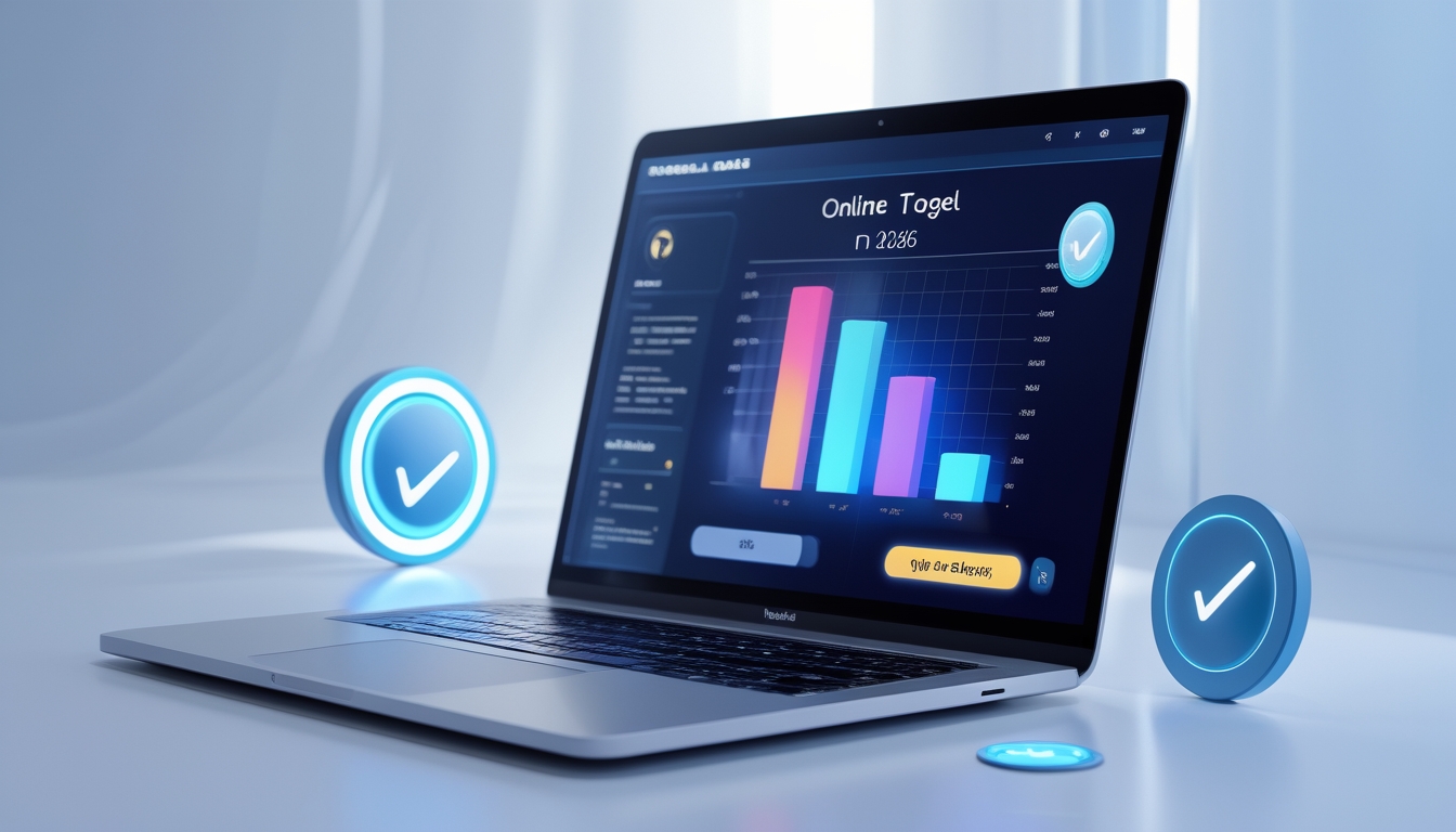 Seorang pengguna di depan komputer dengan tampilan antarmuka situs togel online yang menampilkan grafik dan simbol keamanan.