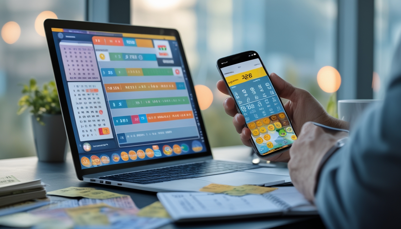Seseorang di meja kerja menggunakan laptop dan ponsel dengan angka lotere, di sekitar terdapat tiket lotere dan catatan.