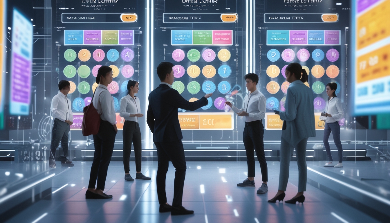 Orang-orang menggunakan teknologi digital modern untuk bermain togel online dengan berbagai pasar lengkap di lingkungan kantor futuristik.