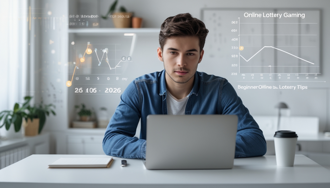 Seorang dewasa muda sedang duduk di meja kerja dengan laptop, fokus menganalisis data dan grafik permainan togel online di ruang kerja yang terang dan rapi.
