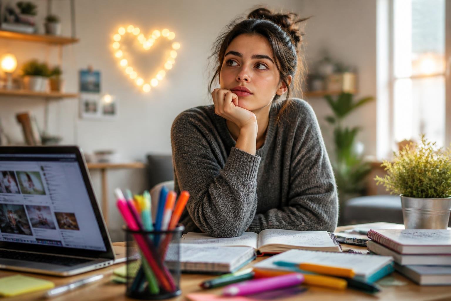 A young adult sitting at a desk looking thoughtful and slightly distracted, surrounded by notebooks and a laptop, with a blurred heart shape in the background.