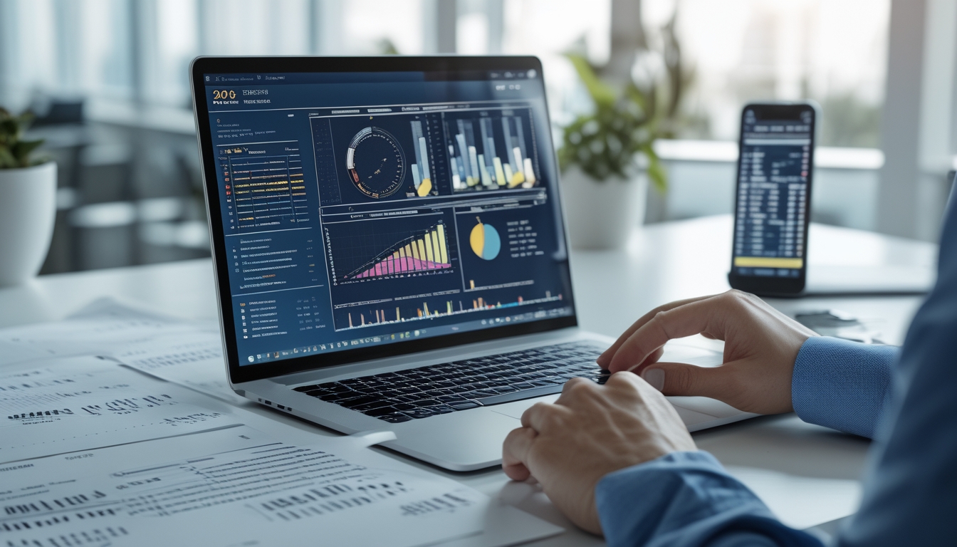 Seorang bekerja di depan laptop dengan grafik dan data angka di meja kantor yang terang dan rapi.
