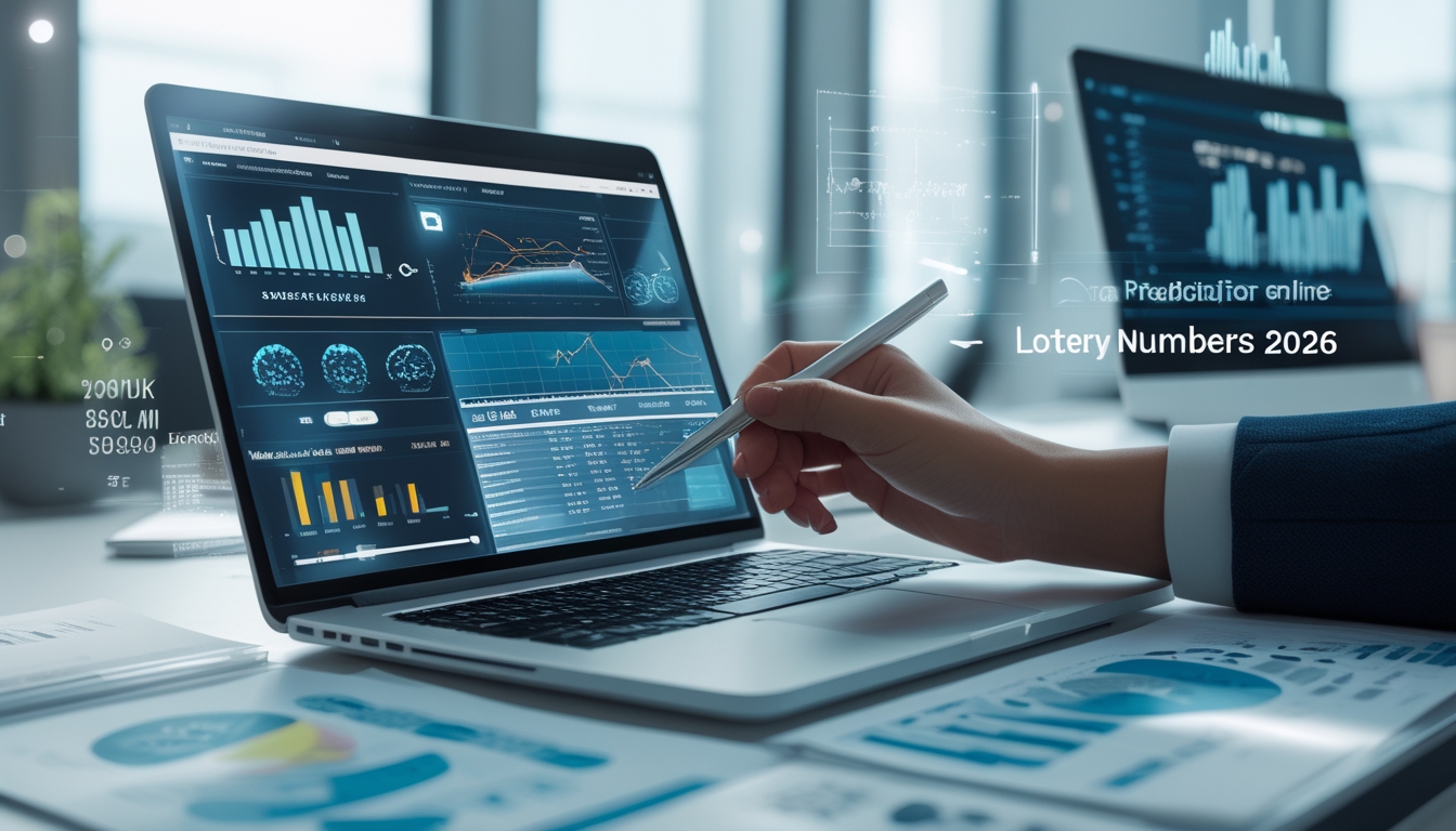 Meja kerja dengan laptop menampilkan grafik dan data angka, serta tangan seseorang menunjuk pada kertas berisi angka, di ruang kantor yang rapi.