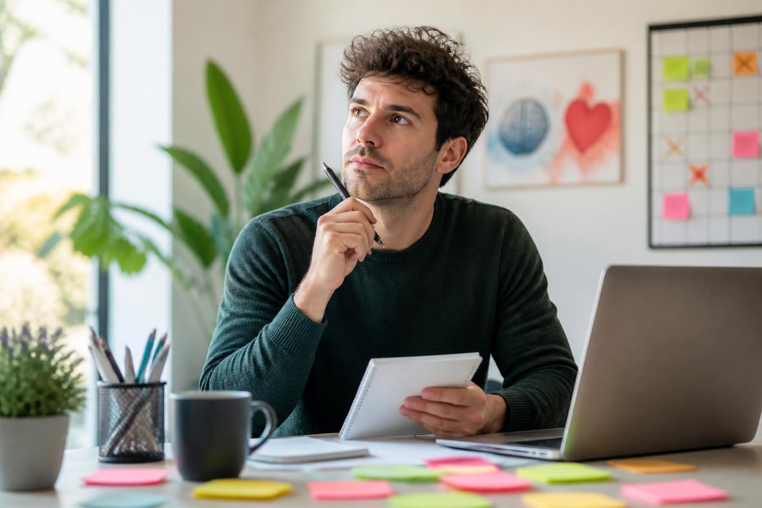 A young adult sitting at a desk with notes and a laptop, looking thoughtful in a bright room.
