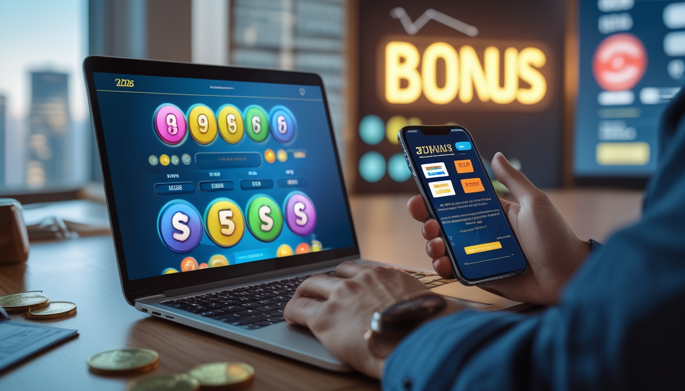 Seorang pria menggunakan laptop dan ponsel di meja kerja dengan tampilan situs togel online dan ikon jackpot di layar.