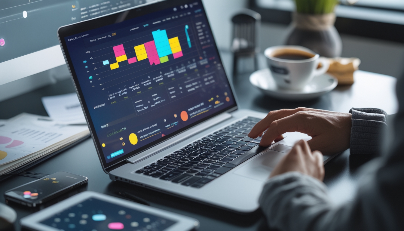 Seorang individu bekerja di depan laptop dengan data dan grafik terkait togel online, di meja terdapat smartphone, kopi, dan catatan.