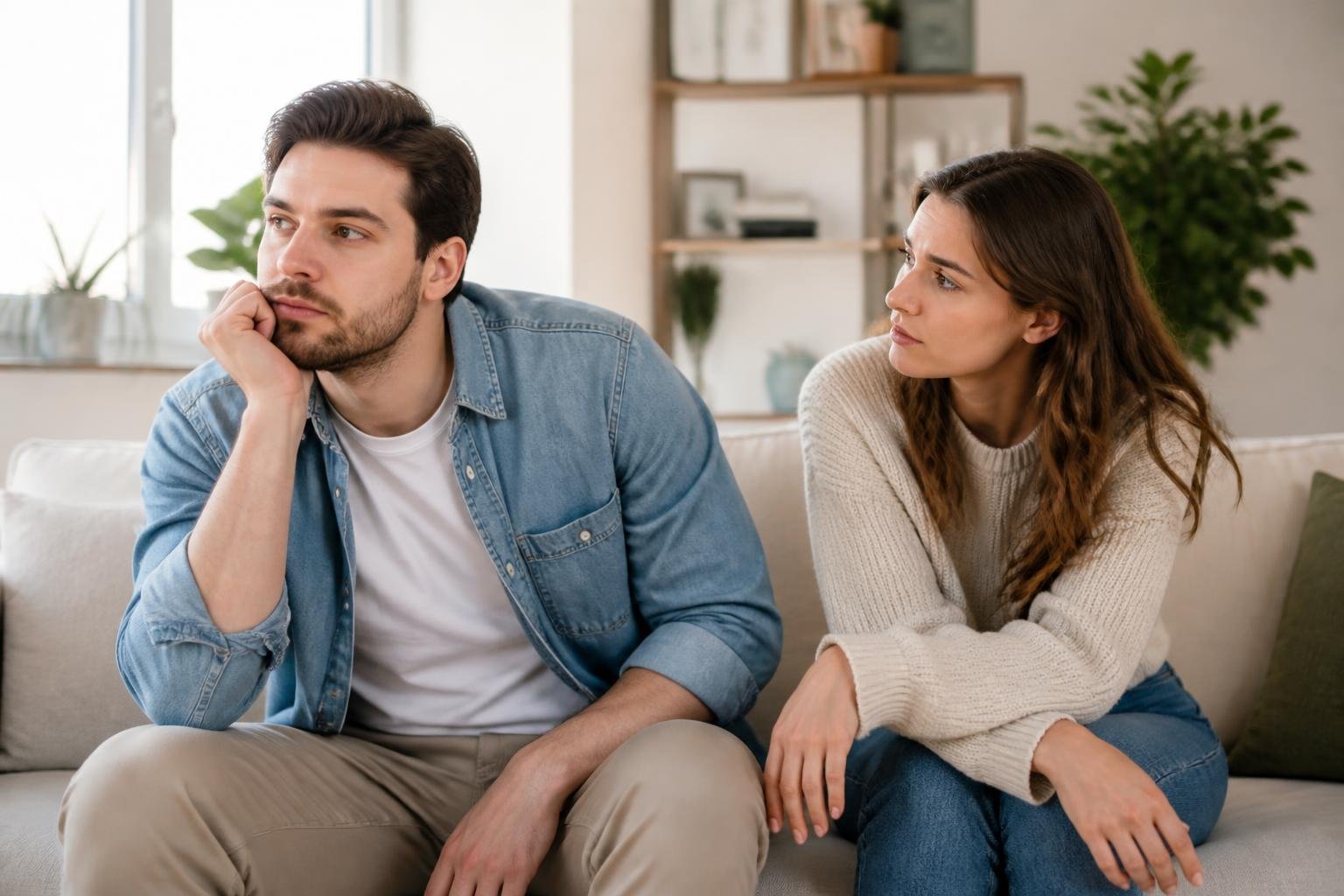 A young adult couple sitting on a couch, one person looking distracted and bored, the other looking concerned.
