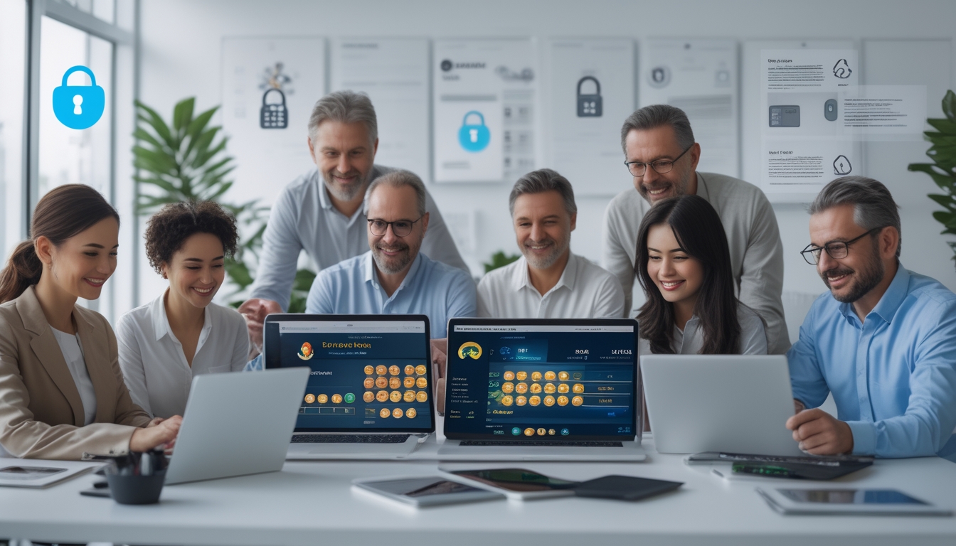 Sekelompok orang dewasa menggunakan perangkat digital di ruang kantor modern yang menunjukkan aktivitas terkait situs togel online terpercaya dengan simbol keamanan dan legalitas.