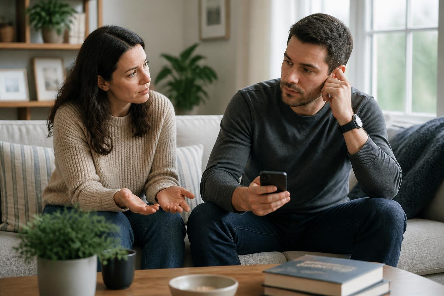 An adult couple sitting on a couch having a serious and empathetic conversation in a cozy living room.