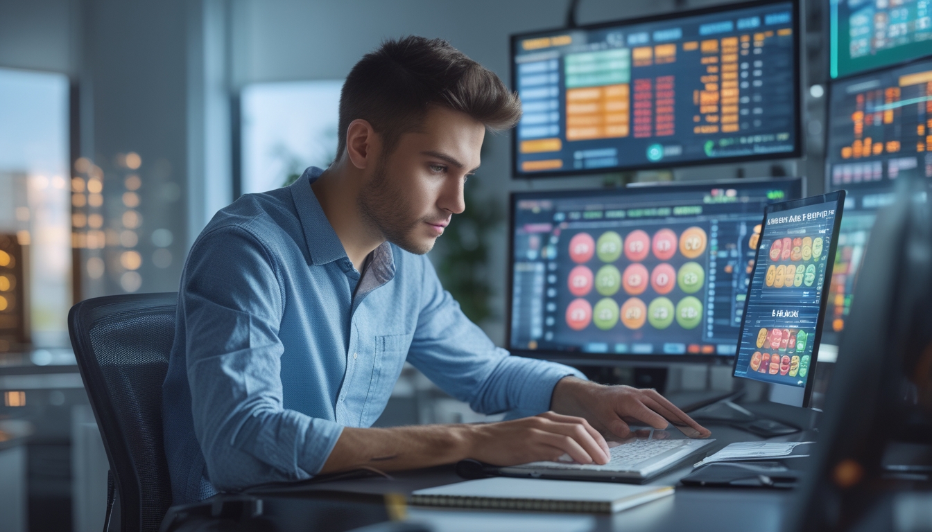 Seorang pria muda duduk di meja modern sambil melihat layar komputer dan ponsel dengan grafik dan angka terkait permainan togel online.