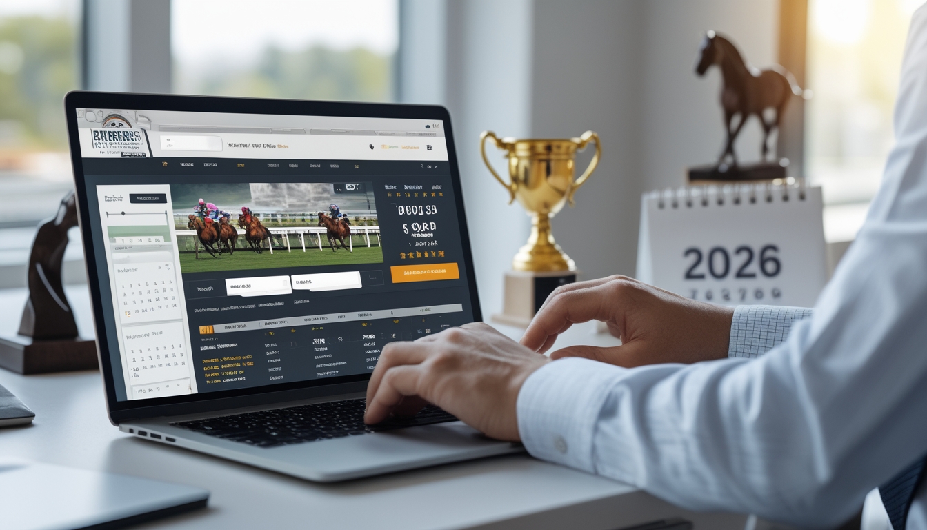 Seorang profesional menggunakan laptop dengan tampilan situs balap kuda online, dikelilingi oleh dekorasi terkait balap kuda dan kalender tahun 2026.