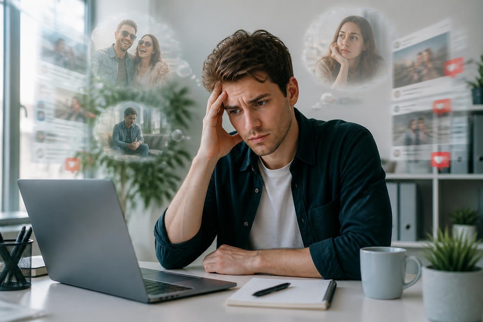 A young adult sitting at a desk with a thoughtful and troubled expression, surrounded by faint images representing distraction and jealousy.