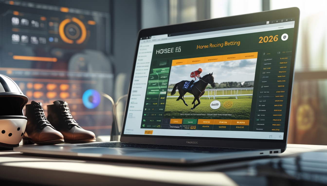 Sebuah laptop di meja kerja menampilkan situs taruhan balap kuda online dengan perlengkapan balap kuda di sekitarnya.