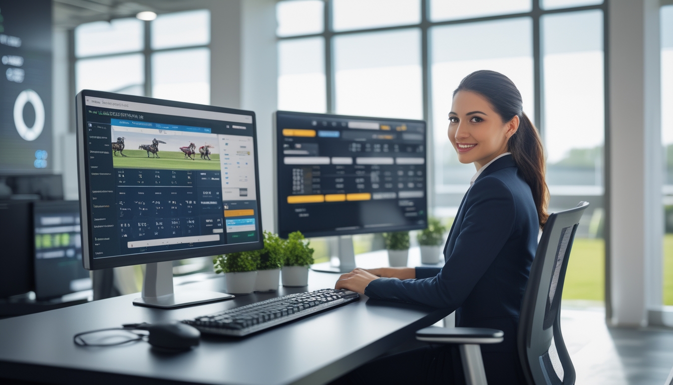 Seorang agen layanan pelanggan profesional duduk di meja dengan beberapa layar komputer yang menampilkan data balap kuda dan antarmuka transaksi cepat di kantor modern yang terang dan bersih.