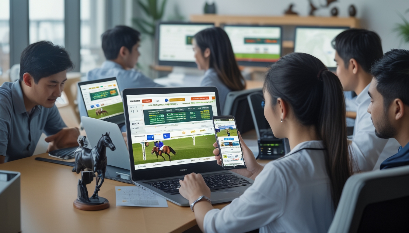 Sekelompok orang Asia menggunakan laptop dan ponsel untuk memasang taruhan balap kuda secara online di ruangan modern.