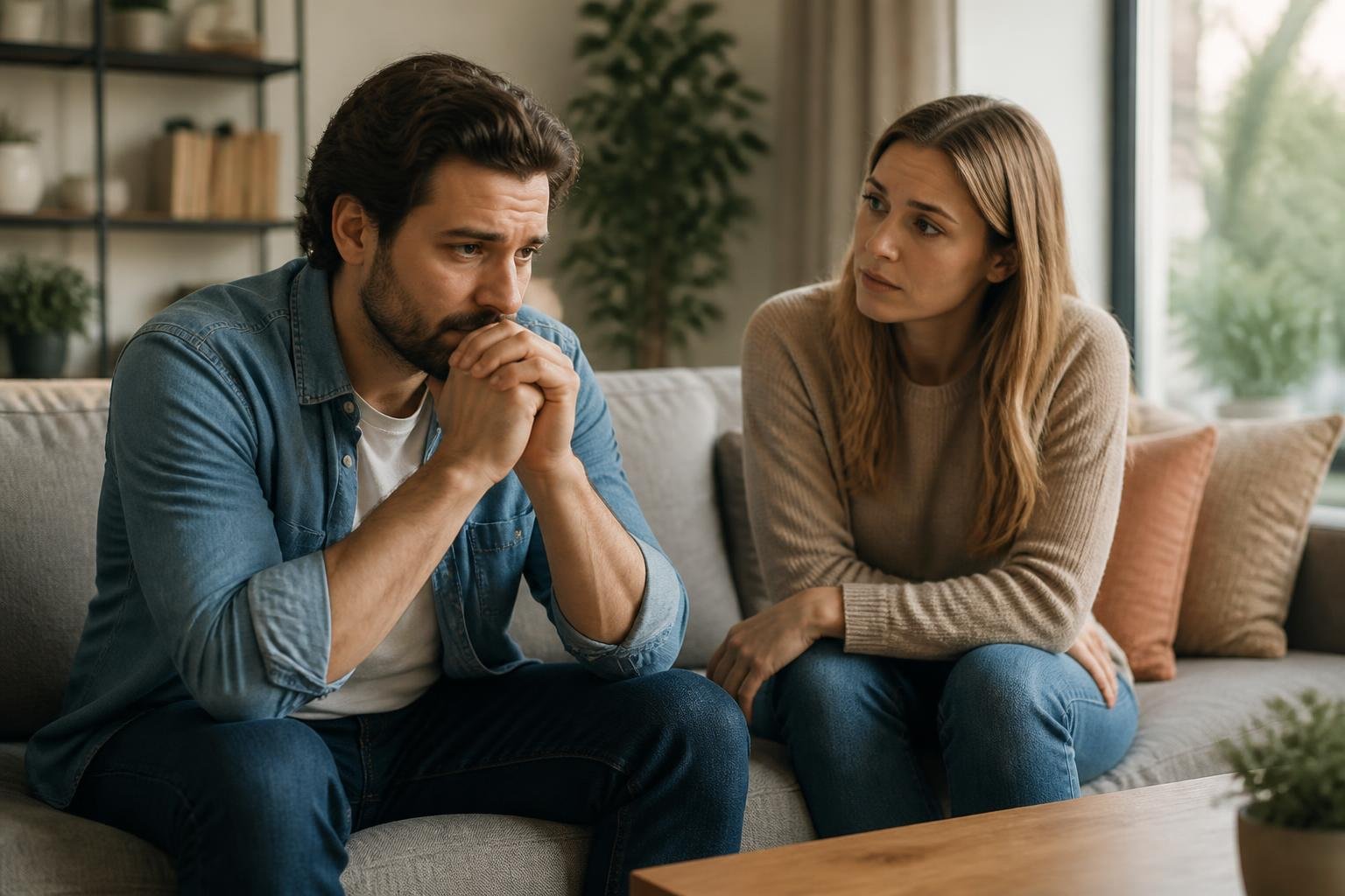 A couple sitting in a living room having a serious conversation, showing concern and thoughtfulness.