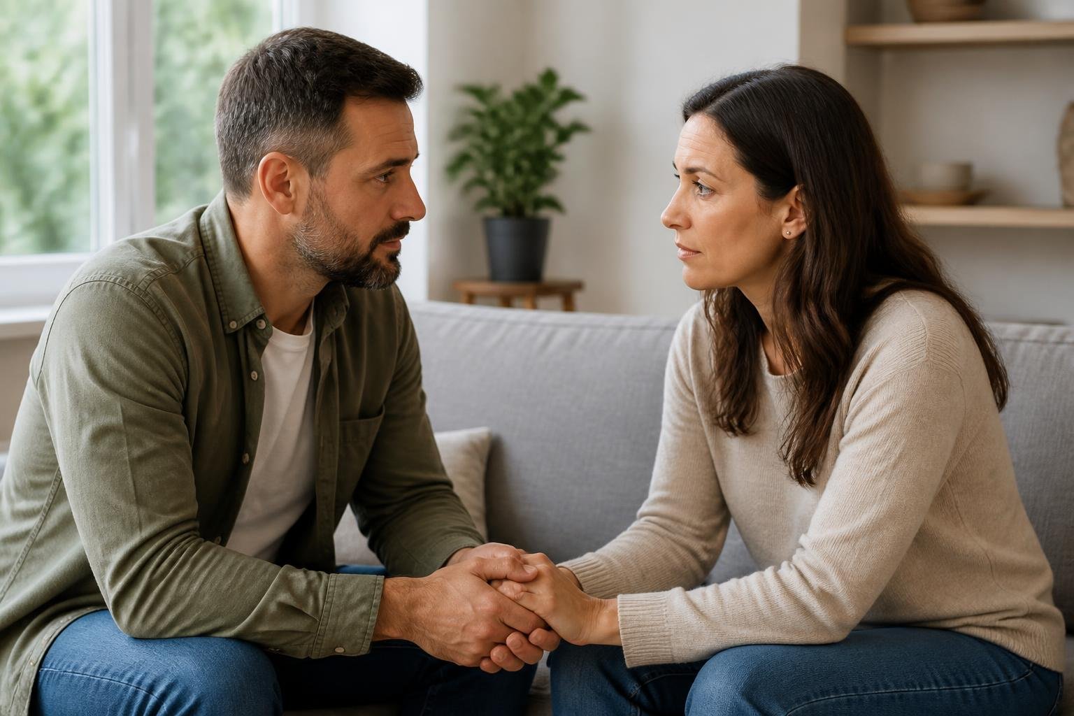 An adult couple sitting closely on a sofa, having a serious and caring conversation in a bright living room.