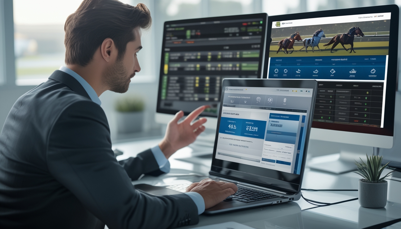 Seorang profesional sedang menganalisis data balap kuda secara online di kantor modern dengan layar digital dan perangkat elektronik.
