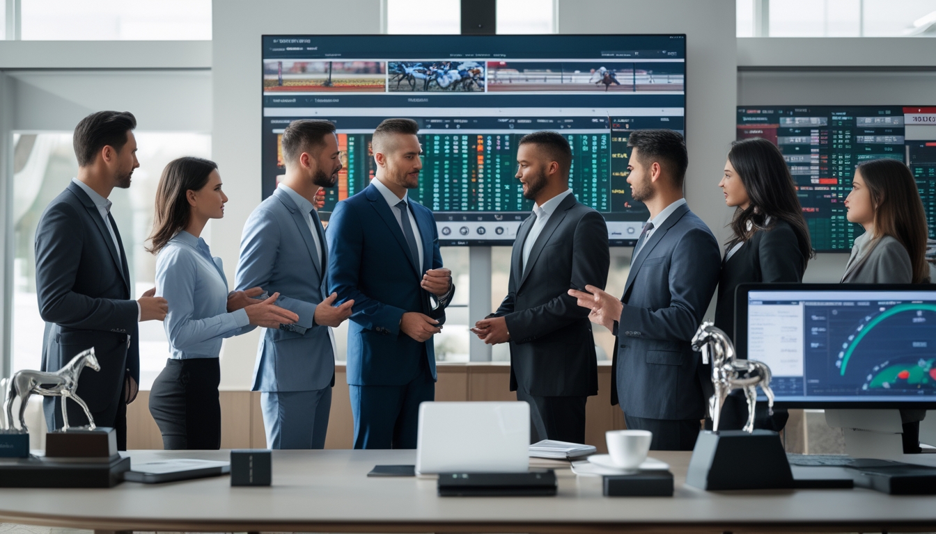 Sekelompok orang berdiskusi di depan layar digital besar yang menampilkan data balap kuda di kantor modern.