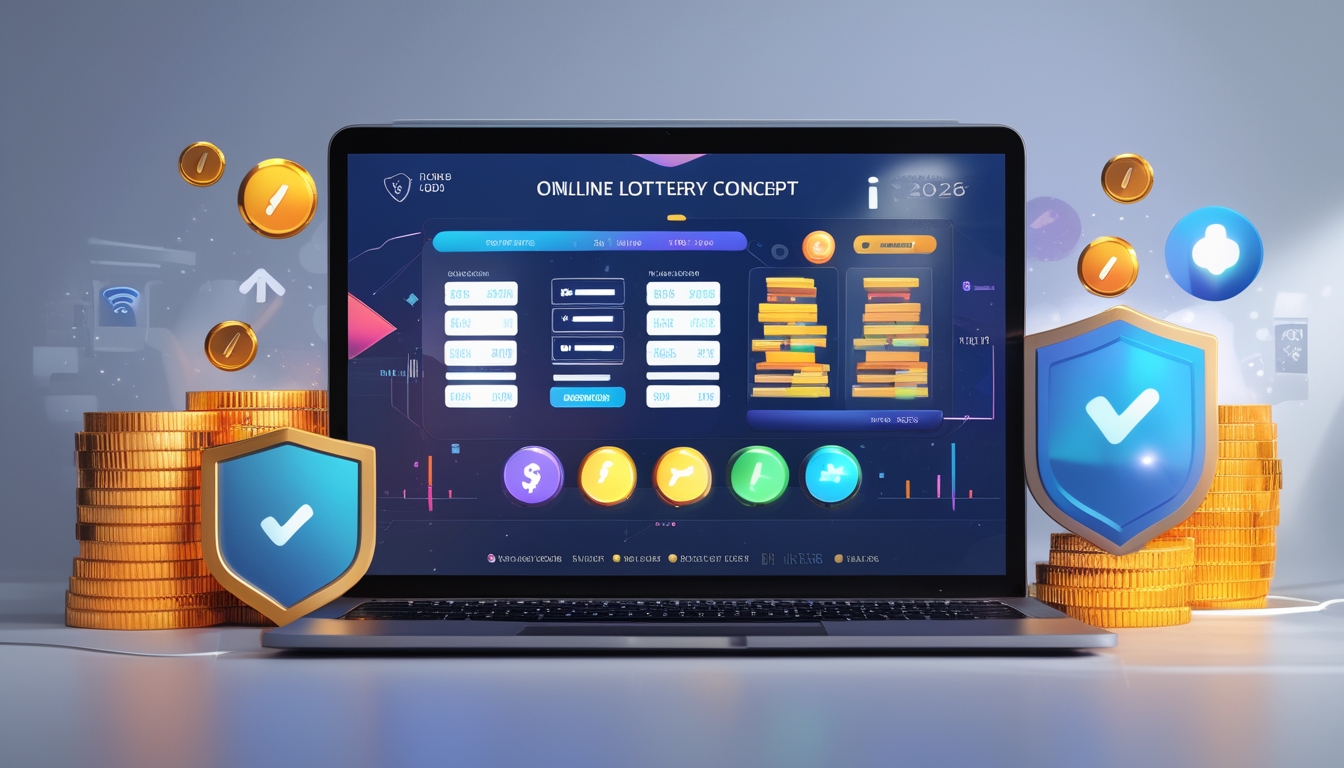 Seorang pria menggunakan laptop dengan tampilan situs togel online yang menampilkan angka dan ikon bonus, dikelilingi simbol keamanan dan pembayaran cepat.