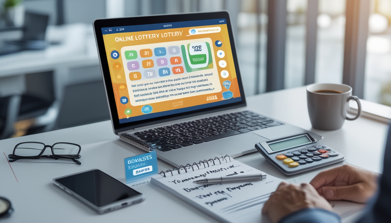 Meja kerja dengan laptop dan ponsel yang menampilkan antarmuka permainan togel online serta alat tulis dan kalkulator.
