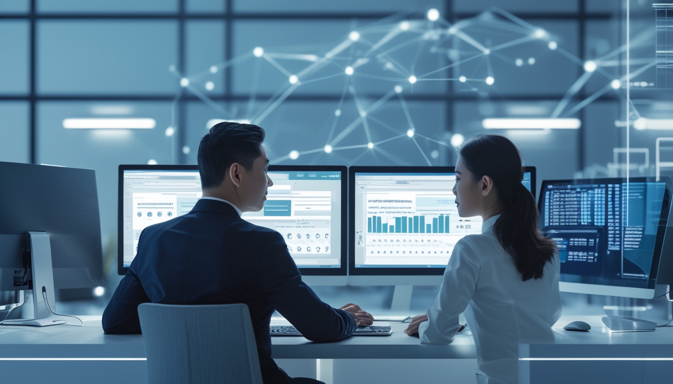 Dua profesional Indonesia bekerja sama di kantor modern dengan komputer yang menampilkan data dan angka lotere.