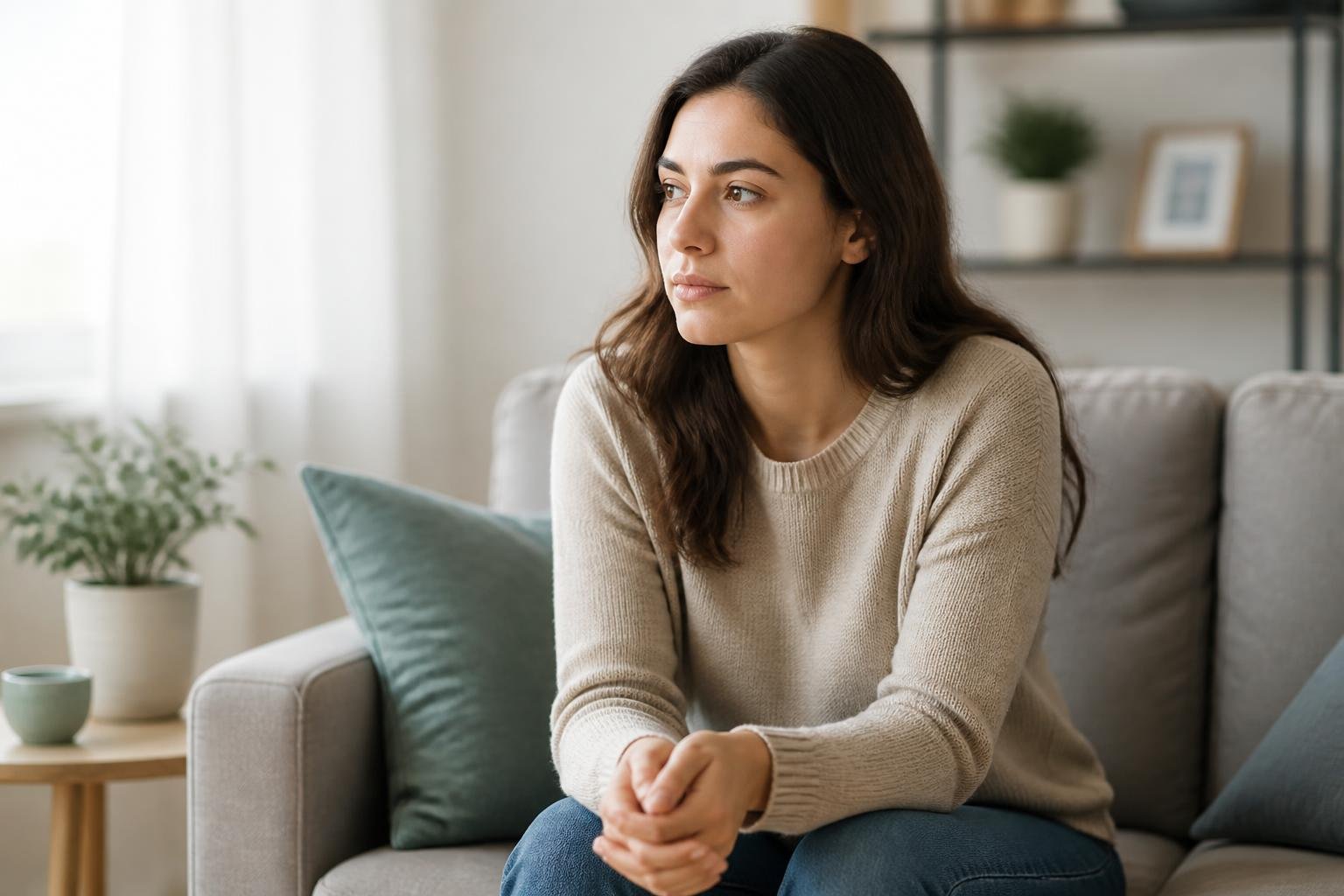 A young woman sitting alone in a living room looking thoughtful and contemplative.