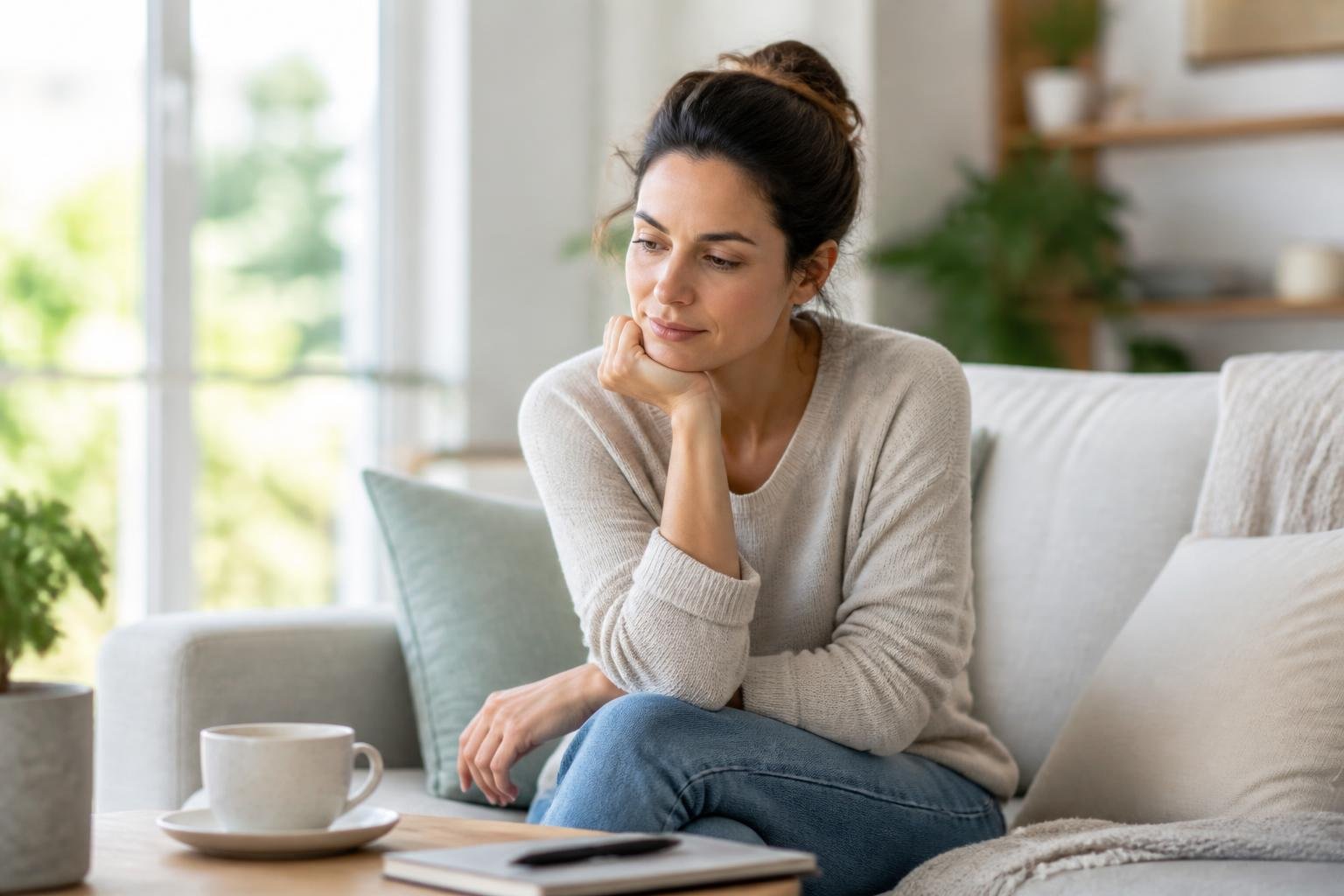 A woman sitting thoughtfully on a sofa in a bright living room, looking contemplative and calm.