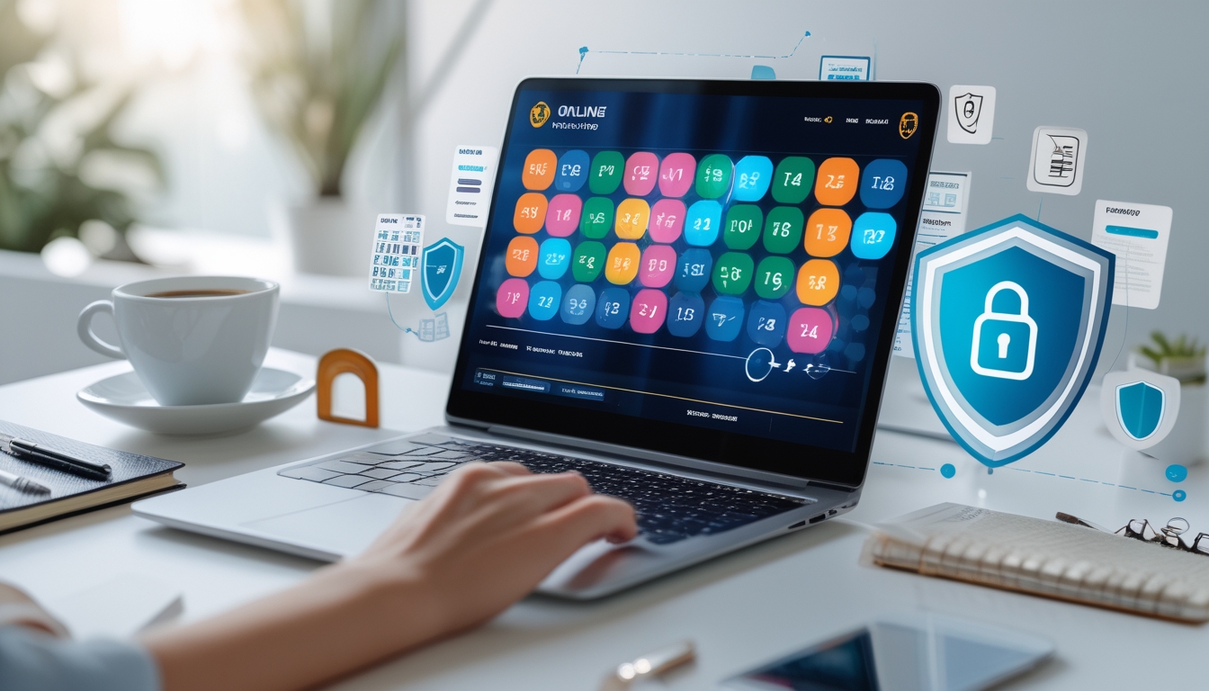 Seorang profesional menggunakan laptop di meja kerja modern dengan layar menampilkan antarmuka digital permainan togel online dan elemen keamanan di sekitarnya.