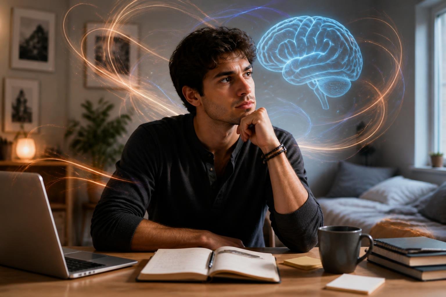 A young adult sitting thoughtfully at a desk with a laptop and notebooks in a bright room, surrounded by abstract light effects symbolizing mental activity.