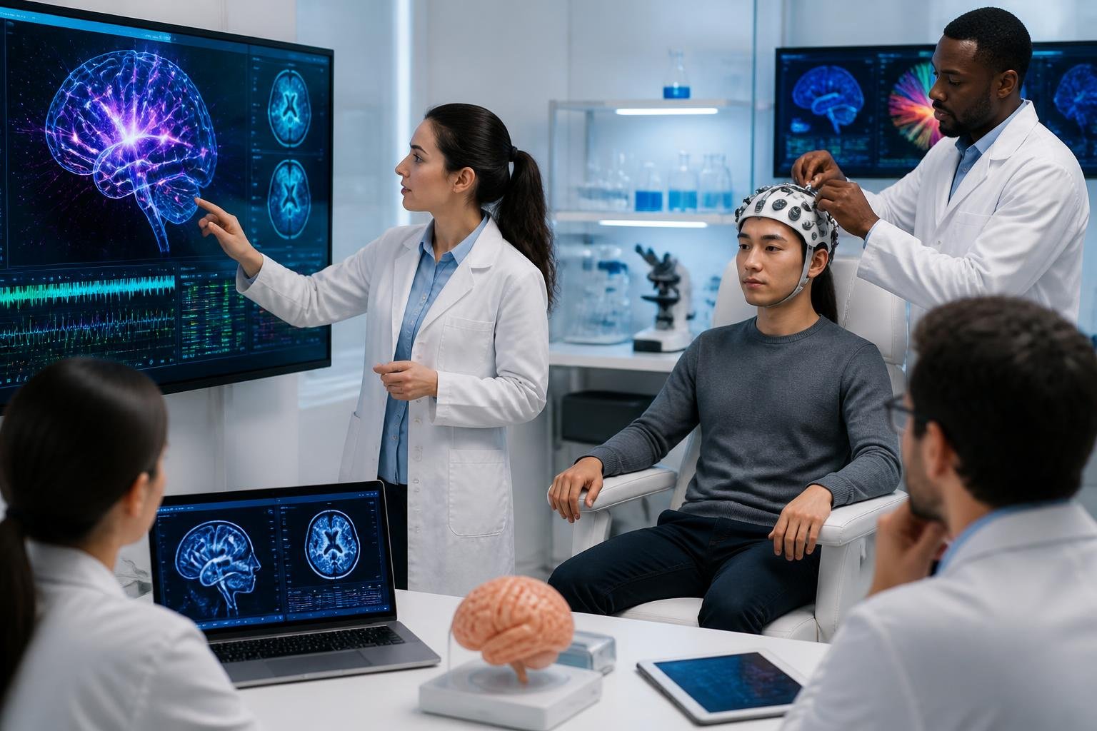 Scientists working together in a neuroscience lab with brain imaging equipment and digital brain activity displays.