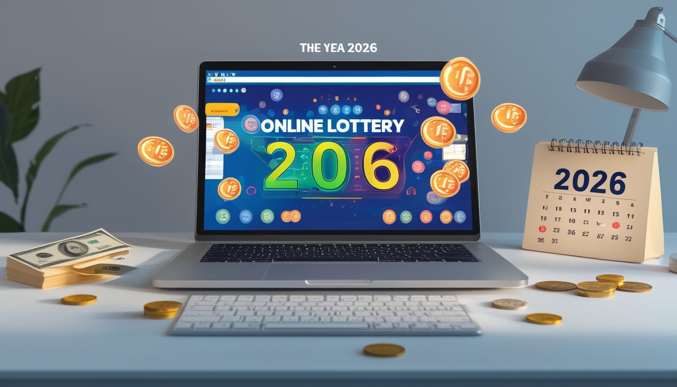 Gambar perangkat digital di atas meja dengan grafik angka lotere, simbol diskon, dan ikon cashback, menunjukkan konsep situs togel online terpercaya tahun 2026.