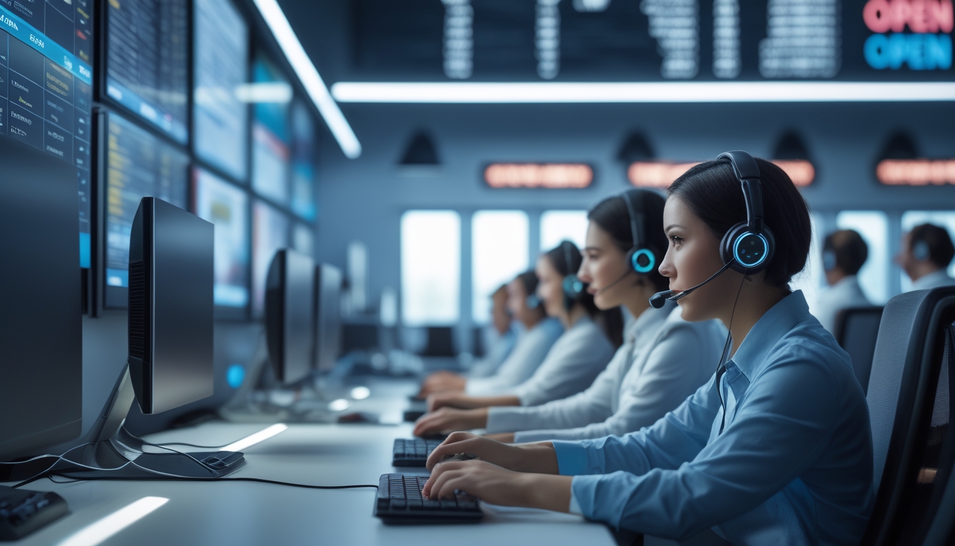 Pusat layanan pelanggan dengan agen yang mengenakan headset bekerja di depan komputer dalam ruangan terang dan modern.